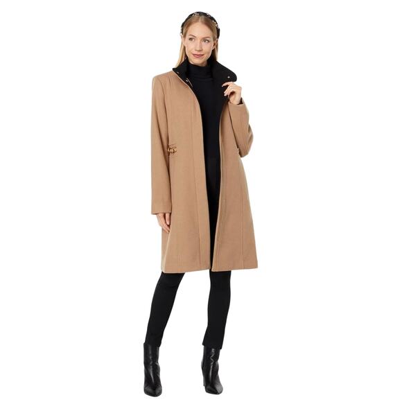 Vince Camuto Camel Wool Coat L NWT | Chain Detail Stand Collar Overcoat - Picture 1 of 10
